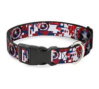 Collar de Perro con Clip de plástico Capitán América Escudo Digital Camo Azul Blanco Rojo 16 a 23 Pulgadas 1.5 Pulgadas de Ancho