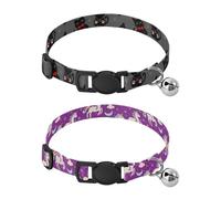 Collar de perro con hebilla acolchada suave para mascotas con campanas ajustables para perros pequeños, cachorros, gatos, 2 unidades, negro, gato, unicornio, nubes arcoíris