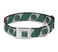Collar de perro con hebilla para cinturón de seguridad, escudo de Slytherin, rayas diagonales, gris/verde, 9.5 a 13 pulgadas, 1.0 pulgadas de ancho