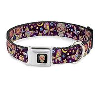 Collar de Perro con Hebilla para cinturón de Seguridad, Mariposa Calaveras, Mariposas, Flores, Burdeos, Multicolor, 13 a 18 Pulgadas, 1.5 Pulgadas de Ancho