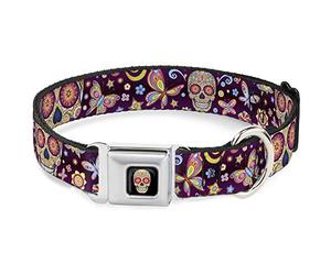 Collar de Perro con Hebilla para cinturón de Seguridad, Mariposa Calaveras, Mariposas, Flores, Burdeos, Multicolor, 15 a 26 Pulgadas, 1.0 Pulgadas de Ancho