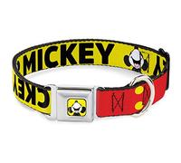 Collar de Perro con Hebilla para cinturón de Seguridad, Mickey Sonriente, Botones de pie, Amarillo, Negro, Rojo, 18 a 32 Pulgadas 1.5 Pulgadas de Ancho