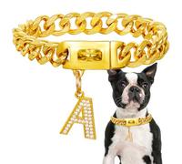 Collar de perro dorado con colgante, collar de metal para caminar de acero inoxidable, 19 mm de ancho, eslabón cubano, fuerte, resistente a la masticación para perros medianos y grandes (35 cm)