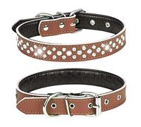 Collar de perro Haoyueer con diamantes de imitación, ajustable con cristales brillantes y tachuelas auténticas de cuero genuino para perros pequeños y medianos (M, marrón)