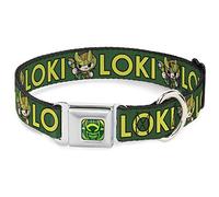 Collar de Perro Hebilla de cinturón de Seguridad Kawaii Loki pie Texto Verde Amarillo 11 a 17 Pulgadas 1.0 Pulgadas de Ancho