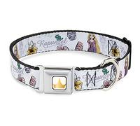 Collar de perro hebilla para cinturón de seguridad Rapunzel Castillo y Pascual con escritura y flores, color blanco, 9.5 a 13 pulgadas, 1.0 pulgadas de ancho