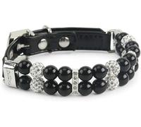 Collar de Perro Lujo Hecho a Mano con Perlas, Ajustable, Cuero sintético, Elegante, Cristales imitación(Black,S)