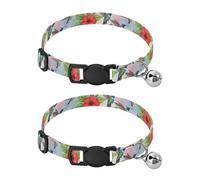 Collar de perro pequeño rojo con diseño de hojas de flores de acuarela con campana, paquete de 2 collares para gatos, longitud ajustable de 10.6 a 17.1 pulgadas