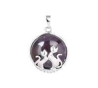 Collar de piedra-Colgante de gato para collar Piedra natural Amatista Cuentas planas redondas Gatos dobles Amante Joyería Amor Corazón Colgantes Joyería encantadora para mujeres Niñas,amatista,U