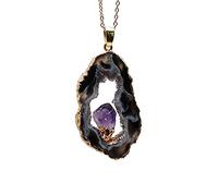 Collar de piedra con cadena de metal Agujero de cristal hueco Colgante de rebanada con incrustaciones de cristal púrpura Joyas llenas de oro-como imagen_45cm