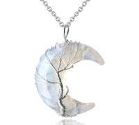 Collar de Piedras de Cristal para Mujer Piedra Natural Platinado Latón Hecho a Mano Árbol de la Vida Forma de Luna/Corazón con Cadena de 45cm