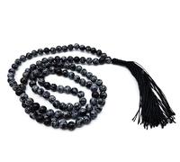 Collar de piedras preciosas auténticas con copos de nieve obsidiana 108 japa mala (perlas de 8 mm) en caja de regalo | Meditación Espiritualidad Curación Yoga India