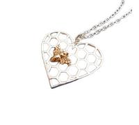Collar de plata de ley 925 con forma de corazón de panal y una abeja de bronce. Pequeño colgante de naturaleza. Dije de insecto. Delicada abeja. Regalo para jardineros | Con cadena de 45 cm | Baño