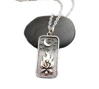 Collar de plata de ley 925 con forma de fogata bajo la luna y llama de bronce. Colgante de fuego ardiente. Dije de camping. Joyería de metales mixtos. Regalo para excursionistas | Con cadena de 45