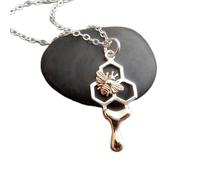 Collar de plata de ley 925 con forma de panal y una abeja de bronce. Goteo de miel. Pequeño colgante de naturaleza. Dije de insecto. Delicada abeja. Regalo para jardineros | Con cadena de 45 cm |