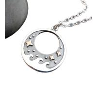 Collar de plata de ley 925 con olas del océano y estrellas de bronce. Pequeño dije bohemio playero. Joyas de cielo nocturno. Colgante de mar para chica surfista | Cadena de 45 cm | Chapado en plata
