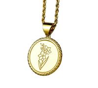 Collar de plata de ley 925 de 22 mm|Cadena de 45 cm|Collar de gladiolos|Colgante de cuerda con flor de nacimiento de agosto|Amuleto floral para hija|Joyería|Joyería artesanal con baño de oro|_0329
