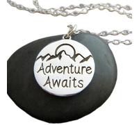 Collar de plata de ley 925, la aventura te espera, montañas, sol, pequeña joyería inspiradora, viaje, cita inspiradora, palabra de afirmación, colgante, dije|con cadena de 45 cm|chapado en plata|_2542