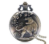 Collar de reloj de bolsillo de bronce antiguo con diseño de la serie del zodiaco chino, reloj de bolsillo de cuarzo, colgante de reloj con forma de animal, regalo, cadena de reloj antigua, tigre