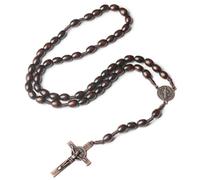Collar de Rosario con Cruz Católica, Cuentas de Oración de Madera Natural con Medalla Cruz Jesucristo San Benito, para Cristianos Católicos Comunión Religiosa, Bautismo, Misa, Biblia