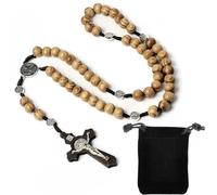 Collar de rosario con cruz católica, cuentas de oración de madera natural con medalla de cruz, para cristianos católicos, comunión, bautismo, misa, Biblia, ideal como regalo religioso (B)