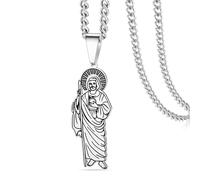 Collar de San Judas Tadeo para hombres y mujeres de acero inoxidable colgante de medalla de San Judas patrón católico santo de las causas perdidas amuleto cristiano joyería religiosa (Plata 2)