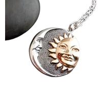 Collar de sol y luna creciente en plata de ley 925. Detalle de sol en bronce. Dije de universo celestial. Colgante de poder de metal mixto, ideal como regalo para observar estrellas | Con cadena de