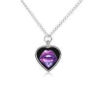 Collar de urna de diamantes con diseño de labios morados para cenizas, colgante de corazón, collar conmemorativo de cremación para mascotas