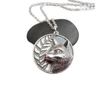 Collar de zorro y helecho en plata de ley 925. Símbolo de animal espiritual del bosque. Colgante de astucia y poder. Joyería de regalo con amuleto de fuerza y agilidad mental | Con cadena de 45