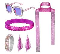 Collar Disco - Conjunto de accesorios de disco de los años 1970, bufanda con lentejuelas, joyas de disco para mujeres de los años 70, gafas de sol, diadema y pendientes para noche temática de año