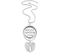 Collar giratorio con colgante de corazón con diseño de alas de ángel con cita "Best sister ever"