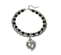 Collar gótico de doble capa, cadena de bolas de acero plateado con colgante de corazón, gargantilla de cuentas negras, joyería de declaración de fiesta de Halloween