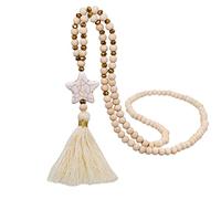 Collar largo con flecos Beige Simple a la moda, colgante de estrella de cuentas de madera de cristal, joyería hecha a mano, accesorio for vestidos de playa for mujer ( Size : 88cm , Color : Beige )