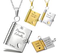 Collar Libro Para mi Nieta Personalizado Colgante de Libro Para Nieta Español Abierto con 6 Páginas de Información Grabada Ajustable Collar Nombre Personalizado Regalo de Cumpleaños (B, Plata)