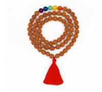 Collar Mala Bali de Rudraksha con Cuentas Chakra - Hecho a Mano en Indonesia - 108 Cuentas Espirituales con Fleco Rojo - Meditación, Yoga y Energía Interior