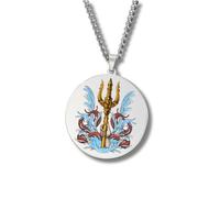 Collar Mitología Griega - Colgante Redondo Grabado a Color en Acero Inoxidable • Dioses y Diosas de Grecia y Roma (Apolo, Artemisa, Poseidón, Ares, Zeus…) • Amuleto de Protección (Tridente • Plata)