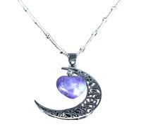 Collar para hombre, brujería, brujería, luna creciente, color morado, collar de cadena de cristal para mujer, collar de joyería de color plateado