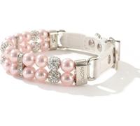 Collar para Mascotas, Collar de Perro Lujo Hecho a Mano con Perlas, Ajustable, Cuero sintético, Elegante, Cristales imitación(Pink,L)