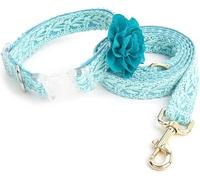 Collar para Mascotas, Conjunto de Collar y Correa Encaje for Perro, algodón for Cachorro, Bordado Hecho a Mano con Flores(Blue,L)