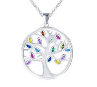 Collar para mujer, árbol de la vida, plata 925, grande, redondo, árbol de la vida, colgante con marquesa multicolor, hoja de circonita, cadena hipoalergénica para mujeres, joyería brillante para mamá