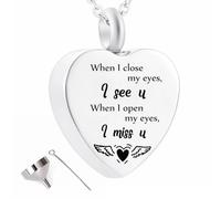 Collar para mujer, collar para hombre, con dije de ala de ángel, cenizas, urna de recuerdo, collar de urna de recuerdo - When I Close My Eyes, I See You. When I Open My Eyes, I Miss You