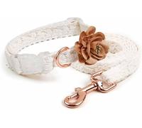 Collar para Perro, Conjunto de Cordón y Correa Algodón Cachorro Hecho a Mano Bordado con Flor(White,Medium)
