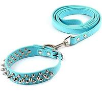 Collar para Perros y Correas para Mascotas con púas tachonadas de Cuero sintético, Juego Azul, Talla S