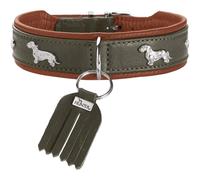 Collar para teckel HUNTER MÚNICH, Color: Verde/Cognac, Cuero con Elegantes Apliques de Dachshund, Fabricado de Forma ecológica y sostenible, Talla: 32