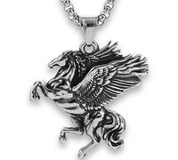 Collar Pegaso Alado de Acero Titanio - Colgante Mitología Griega para Hombre y Mujer, Estilo Vintage, Cadena 60 cm, XL, Metal, No es una piedra preciosa