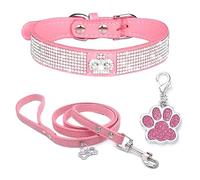 Collar Perro de Terciopelo Suave Perros Correa y Collar Lindo Lujo Diamantes tachonados Bling Ajustable Collar de Cachorro para Perros pequeños Gatos medianos Rosa M