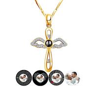 Collar personalizado con alas de ángel con imagen en el interior, collar personalizado de proyección de fotos, collar con colgante de cruz con texto en inglés "I Love You", para mujeres y madres