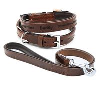 Collar Personalizado de Cuero Acolchado para Perros + Correa Opcional | Diseñe su Etiqueta de identificación única para su Perro | Grabado con láser - Tamaño 4, Sin Correa