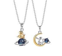 Collar Principito y Colgante Zorro para Mujer, 2 Piezas Colgante Principito Plata de Ley 925 Planeta de Cristal Incrustado, para Pareja Regalos de Cumpleaños