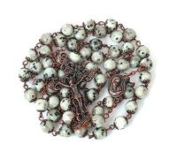 Collar Rosario con Cuentas de Piedra Natural Diseño de Cobre Antiguo Medalla y Cruz de Tierra Santa en Bolsa de Terciopelo - Colección Terra Santa Jerusalén (Jaspe dálmata blanco)